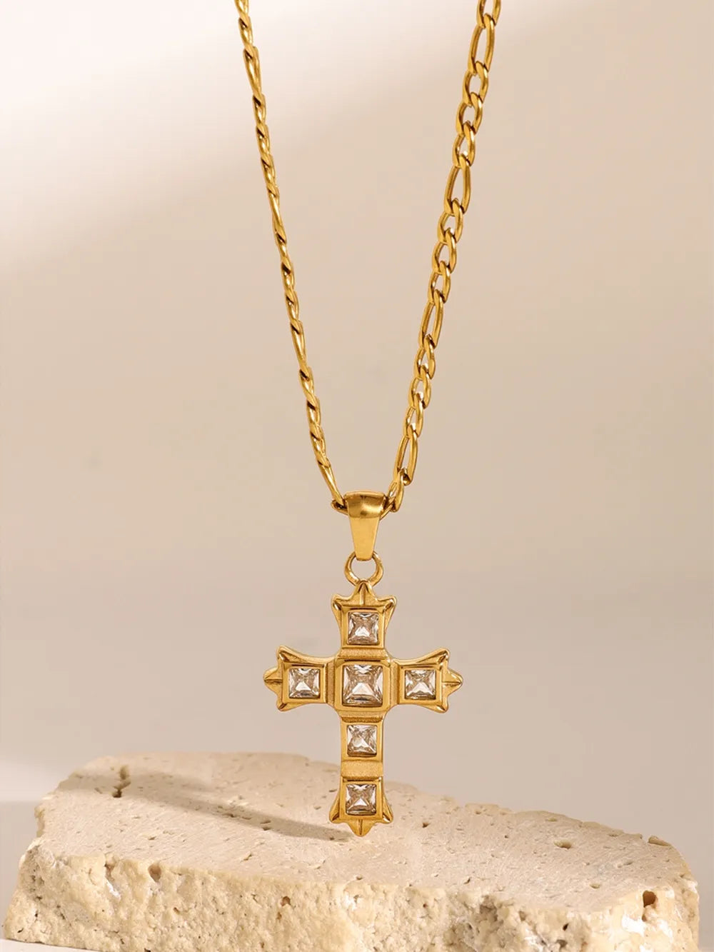 Stainless Steel Zircon Cross Pendant Necklace